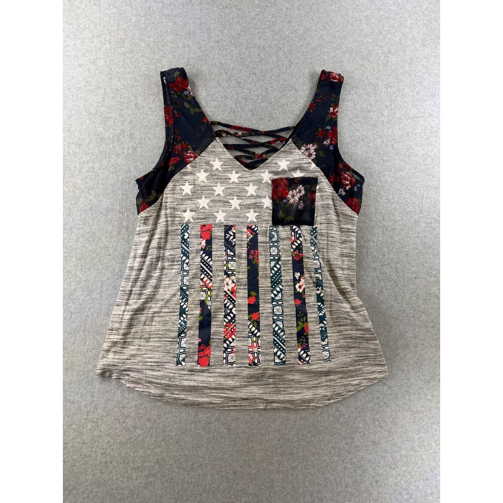 Tru Self Medium Floral American Flag Tank Top Criss Cross Patriotic
